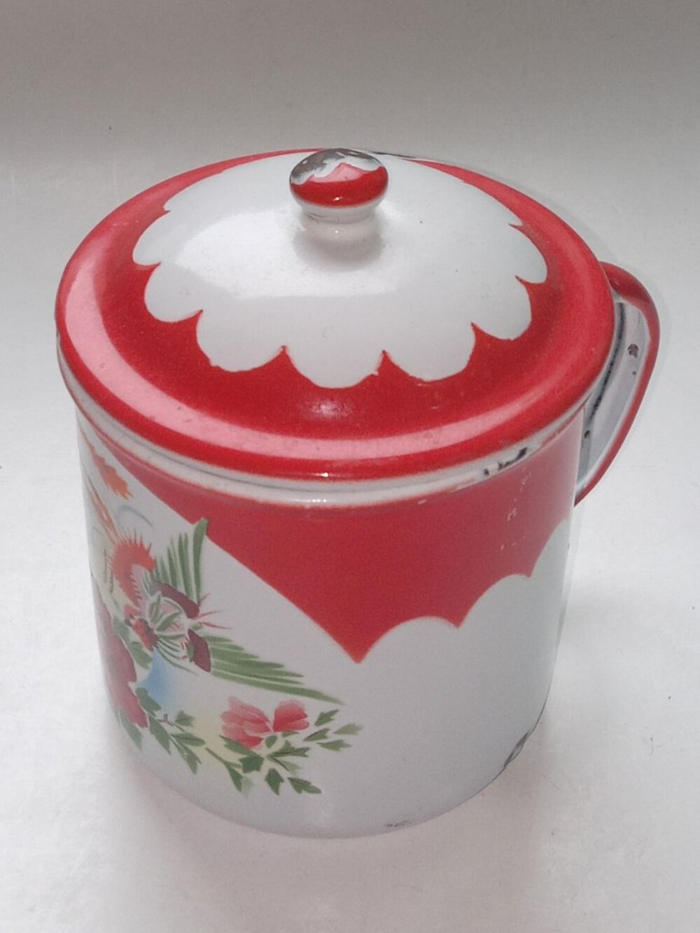 Old Enamelware Oversized Mug with Lid Chinese Farmhouse Camping